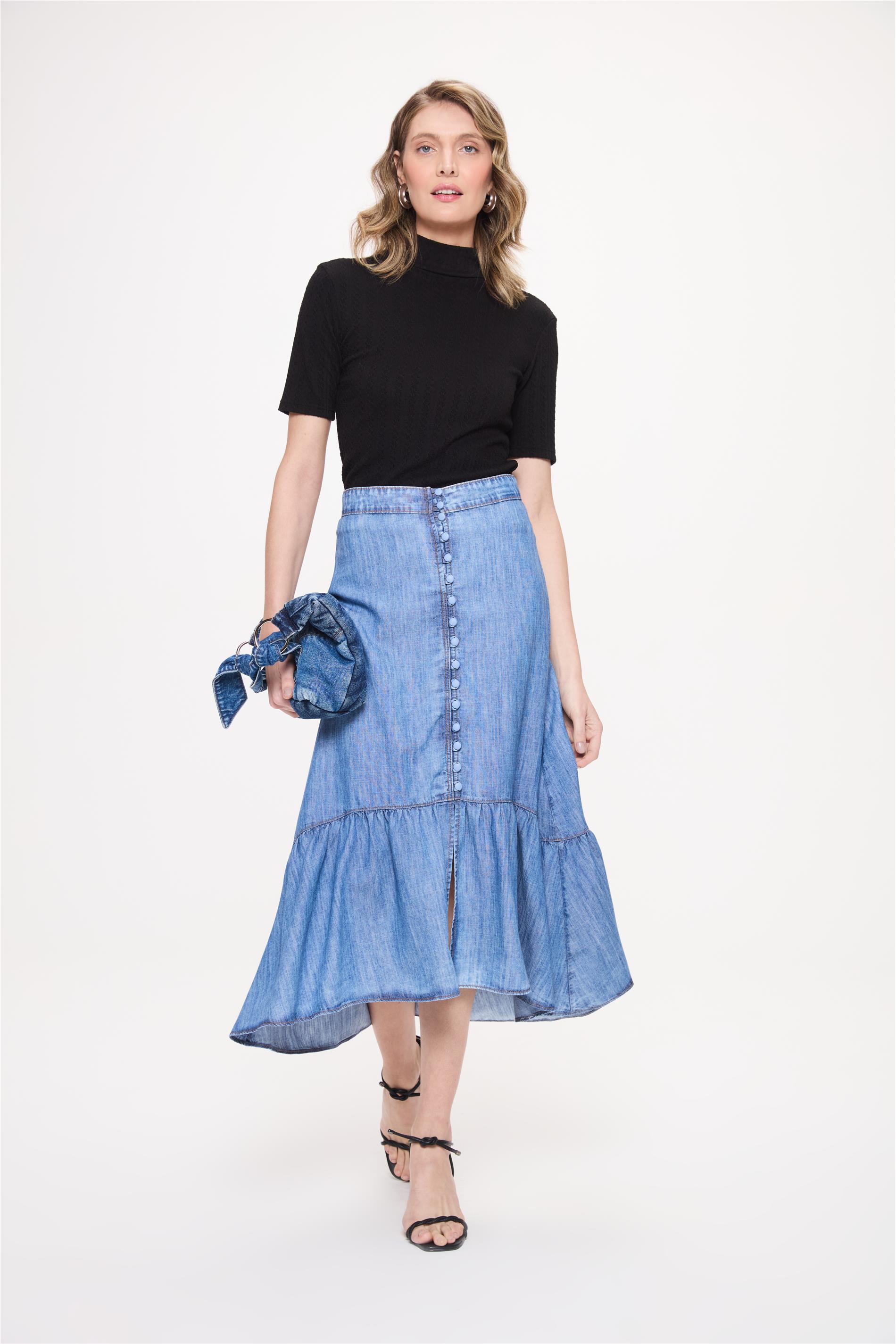 Saia Midi Jeans Algodão e Liocel